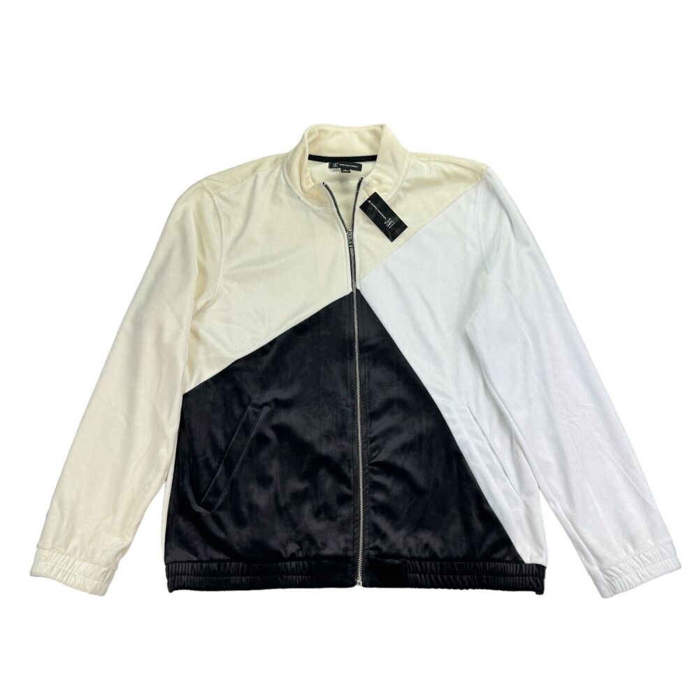 INC Mens Pieced Colorblock Velour Jacket Cream Black XL
